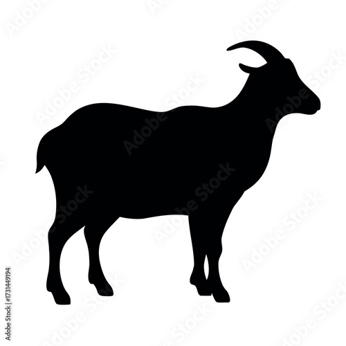 Silhouette of a standing goat with horns facing left on a white background