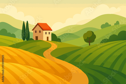 Countryside Village and Field Illustration, Peaceful Rural House Nature Scene Design