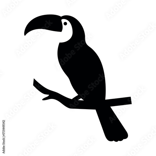 Silhouette of a toucan perched on a branch against a white background