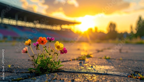 Wild flowers and plants growing through the gaps between concrete paving slabs.