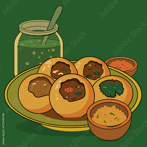 Pani Puri, Golgappe with Tamarind, Mint Chutneys, and green masala. Puries filled with chickpeas, potatoes, tomatoes, coriander, and Raddishes. Indian Street Food Detailed Vector Illustration.