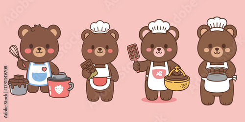 Adorable cartoon bear baker set with chocolate on pink background Illustration