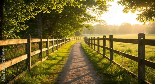 Pathway through lush green fields and wooden fence under warm sunlight