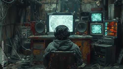 Person in front of multiple screens, a cyberpunk aesthetic.