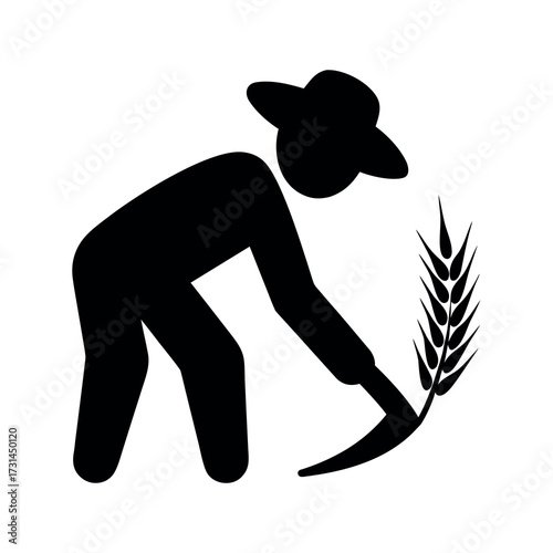 Silhouette of a farmer harvesting wheat with a sickle on a white background