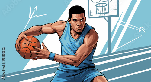 Dynamic illustration capturing a focused basketball player dribbling the ball, poised for action on an outdoor court with a blurred background and a hoop visible