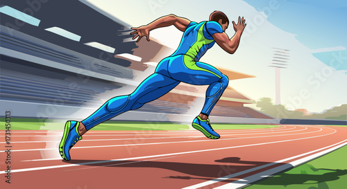 Athletic runner in blue and green tracksuit in motion on a track during a race, dynamic illustration of speed and competition on a sunny day with stadium in background