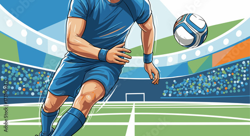 Dynamic illustration of a male soccer player in blue uniform kicking a ball on a green field with stadium seating in the background, conveying energy and athleticism