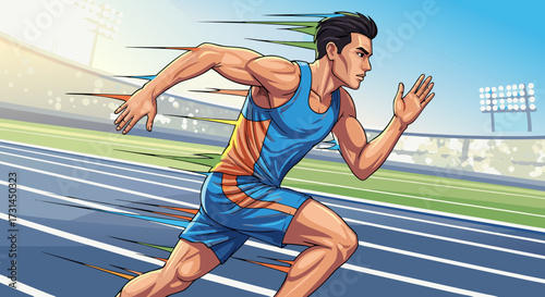 Illustration of a determined male athlete sprinting on a track, showcasing speed, endurance, and the spirit of competition in a dynamic sports scene
