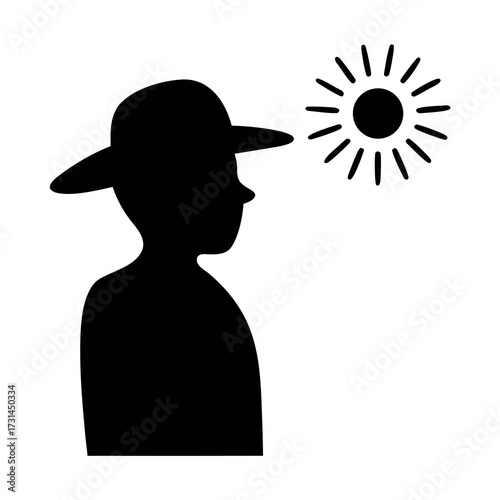 Silhouette of a person wearing a hat under a bright stylized sun
