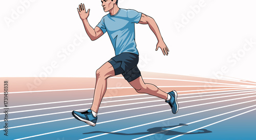 Dynamic illustration of a man running on a blue track, showcasing athletic performance and healthy lifestyle with a sense of motion and determination