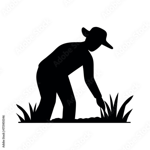 Silhouette of a farmer tending to crops in a field