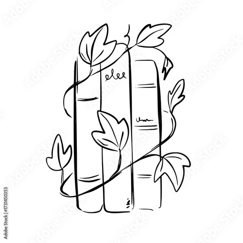 Stack of antique books entwined with ivy leaves. Whimsical quickly sketch vector illustration. Perfect for romantic literature projects, vintage design, invitations, posters, Victorian aesthetics