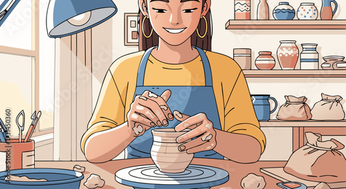 Skilled Artisan Concentrates on Crafting a Ceramic Pot on a Potter's Wheel in a Brightly Lit Studio, Demonstrating Artistic Dedication