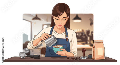 A skilled barista skillfully prepares a frothy coffee beverage, showcasing expertise in coffee making and café culture with a modern aesthetic