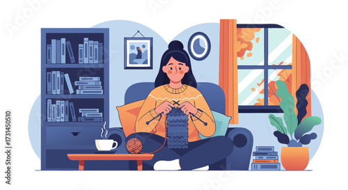 Cozy Autumn Scene Woman Knits Warm Sweater While Relaxing Indoors Amidst Books and Plants, Enjoying a Quiet Afternoon