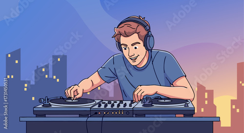Young male DJ with headphones skillfully mixing music on turntables, with a city skyline illuminated by warm lights in the background at dusk
