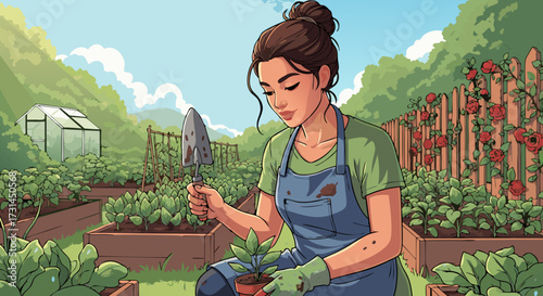 A woman gardening and tending to plants in raised garden beds outdoors, enjoying her hobby amidst lush greenery and a greenhouse in the background, embracing a healthy lifestyle