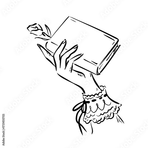 Elegant female hand with lace sleeve holding antique book with flower. Whimsical quickly sketch line art. Isolated vector for book romance themes, wedding design, vintage decor, posters, invitations