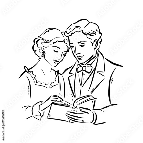Romantic couple reading book together, whimsical quickly line art sketch. Isolated vintage vector illustration for love stories, invitations, wedding stationery, book design, poster, literature themes