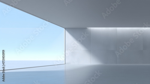 Minimalist empty room featuring a large window, filled with soft ambient daylight for a modern interior feel.