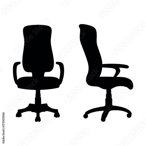 Silhouette of two office chairs one front view and one side view