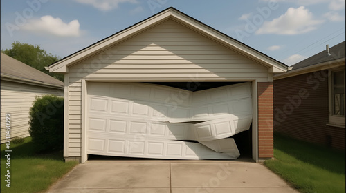 Residential white garage door bent and damaged with large structural dent showing home maintenance and repair issue in suburban driveway
