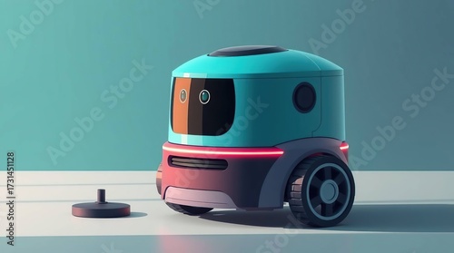 Teal Robot Cleaning Modern Floor.