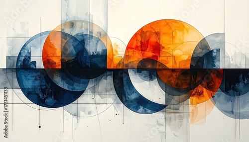 Abstract circles overlay, blue and orange, linear elements
