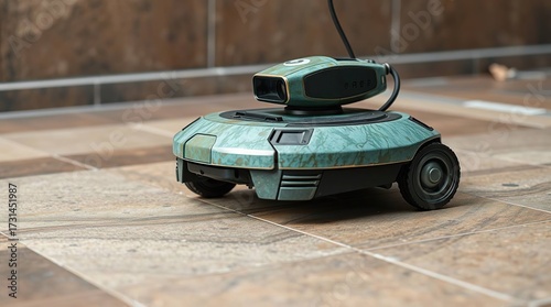 Teal Robot on Tile Floor.