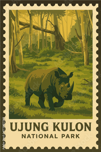 Retro Postage Stamp Illustration of Ujung Kulon National Park with Javan Rhino