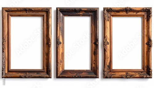 Three empty ornate wooden picture frames on a white surface