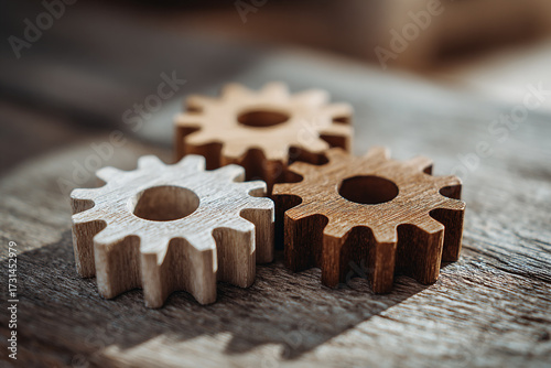 Three wooden cogs in varying shades rest on a textured surface representing collaboration and engineering concepts