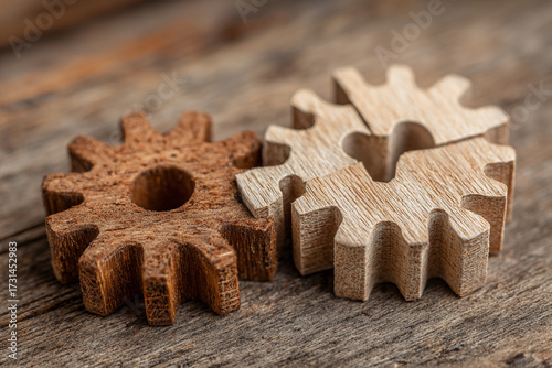 Three wooden gears interlock on a rustic wooden plank symbolizing teamwork connectivity and the mechanics of a unified system