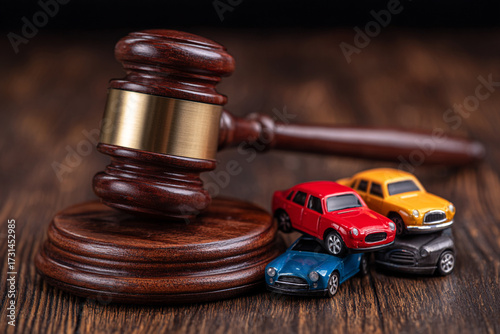 A judge's gavel next to a pile of crashed toy cars on a wooden desk represents legal concepts like car accidents traffic law and auto auctions