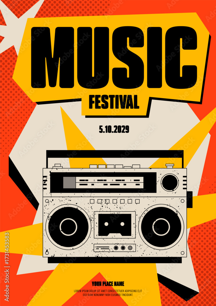 Obraz premium Vintage music festival poster template design. A retro boombox maximalism style with a grunge texture and geometric shape