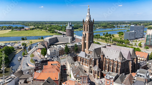 Aerial drone view of Roermond town cityscape, church and river Meuse top view from above, traditional Dutch architecture, Limburg, the Netherlands 