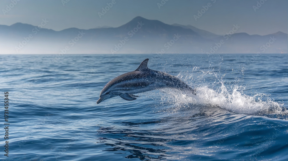 Fototapeta premium Graceful Dolphin Leaping Above Calm Ocean Waves with Distant Mountain Silhouette Under Clear Sky