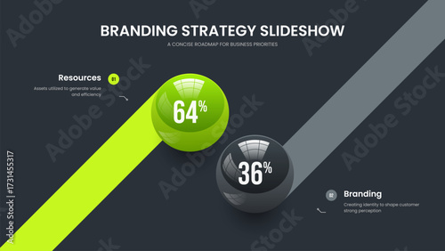 Minimal Launch 2 Option Chart Slideshow Layout. Visual Briefing Two Step Infographic Slide Design. Advertising Solution Frame Template Vector Illustration.