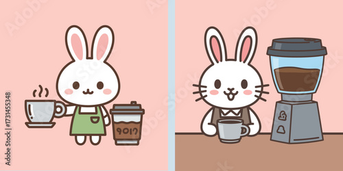 Cute bunny barista cartoon characters making and serving delicious coffee Illustration