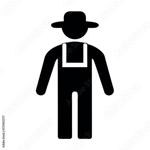 Simple black silhouette icon of a farmer wearing overalls and a hat