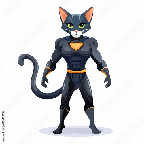 Vector illustration of a powerful cat superhero with muscles and a determined expression