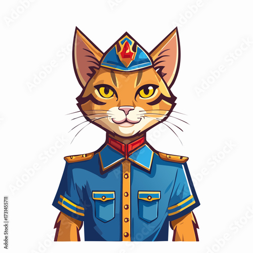 Portrait of a confident feline captain in a stylized uniform, a minimal flat design vector graphic of an anthropomorphic catman character