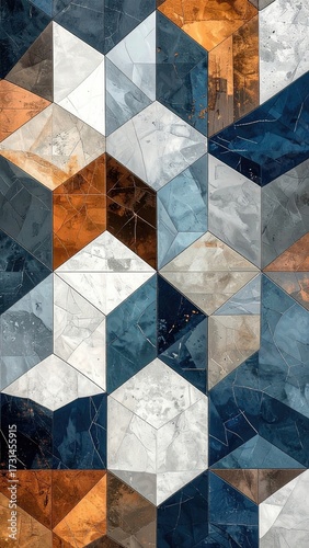 Abstract geometric marble mosaic of blues, whites, and copper