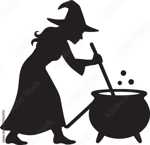 Witch Stirring Cauldron Silhouette Vector with Broom – Minimalist Halloween Design