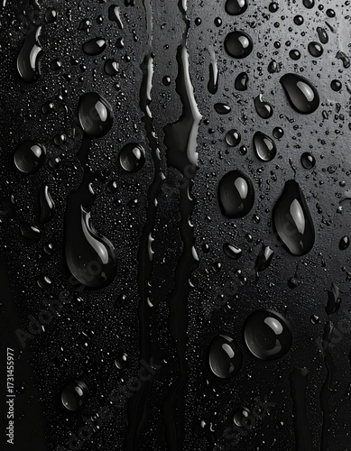 Dark surface with water droplets and streaks glistening