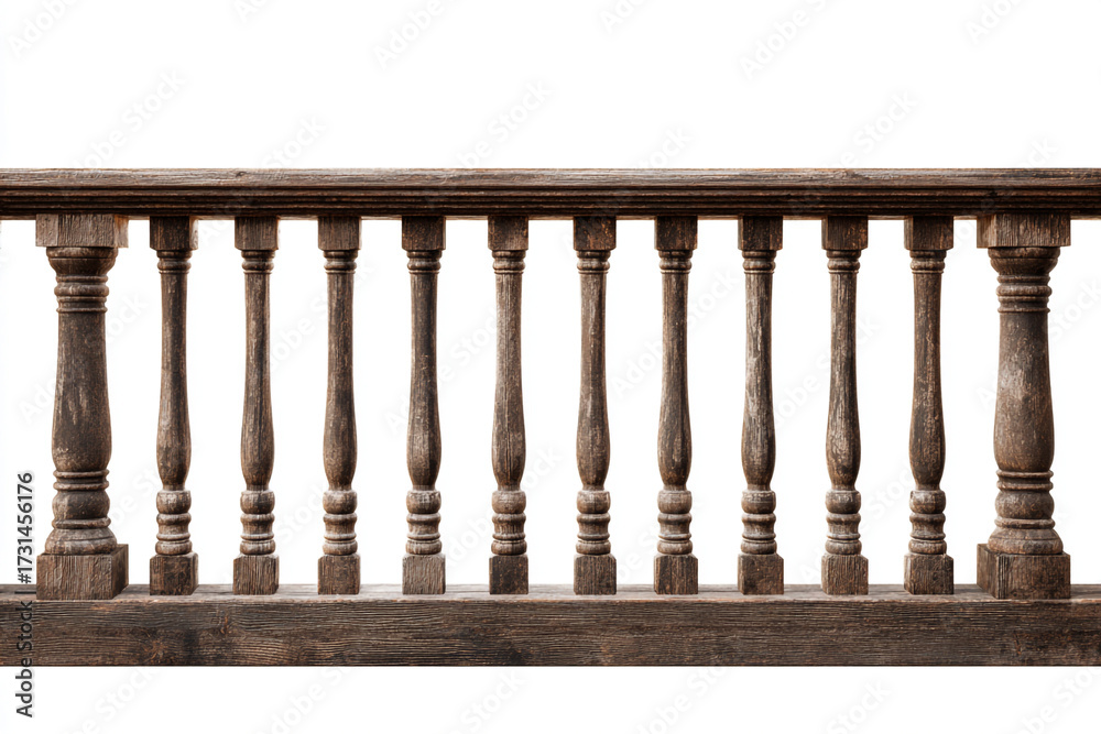 Fototapeta premium An antique style dark wooden railing with decorative balusters isolated on a white background