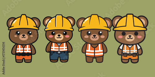 Cute Cartoon Bear Construction Workers Wearing Hard Hats and Safety Vests Illustration