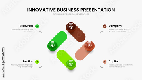 Enterprise Development 4 Element Infographic Presentation Layout. Service Briefing Frame Design Vector Illustration. Simple Analysis Four Option Diagram Slideshow Template.