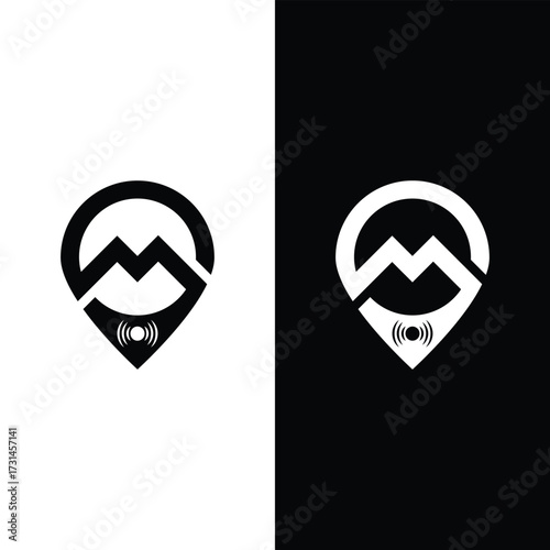 Letter M Music logo vector design illustration with modern Location pin concept.